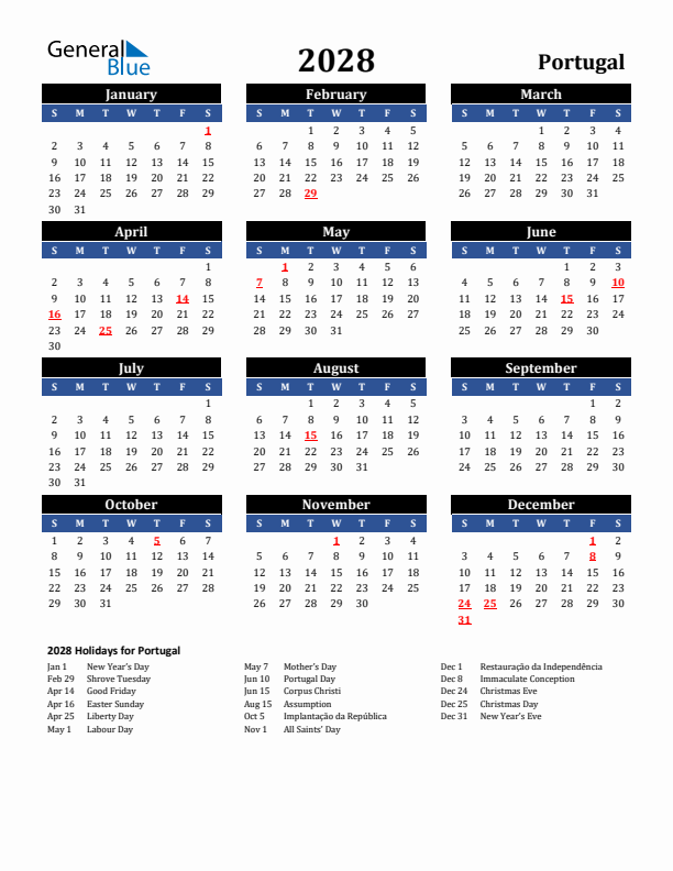 2028 Portugal Holiday Calendar