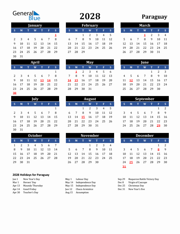 2028 Paraguay Holiday Calendar