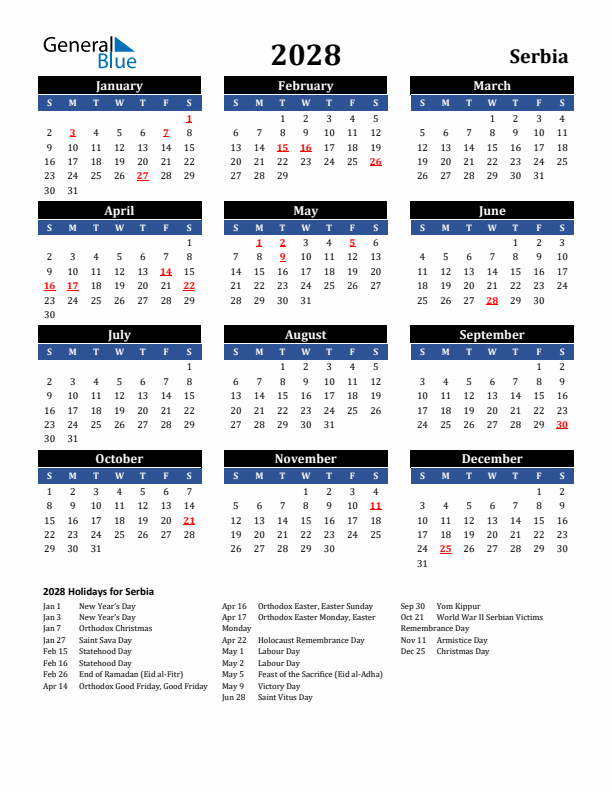2028 Serbia Holiday Calendar