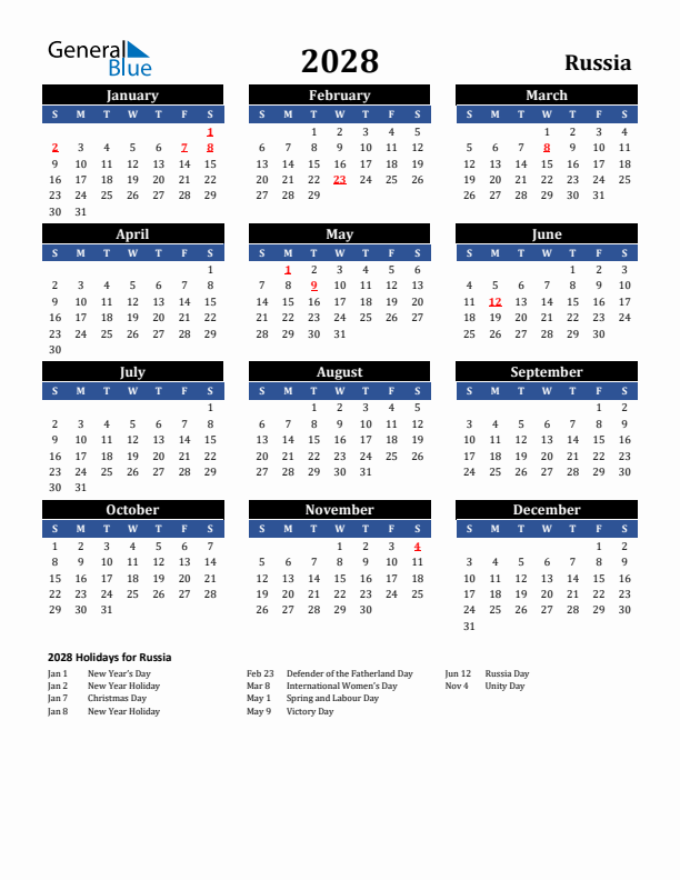 2028 Russia Holiday Calendar
