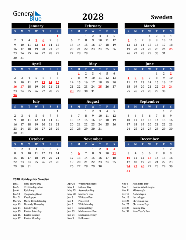 2028 Sweden Holiday Calendar