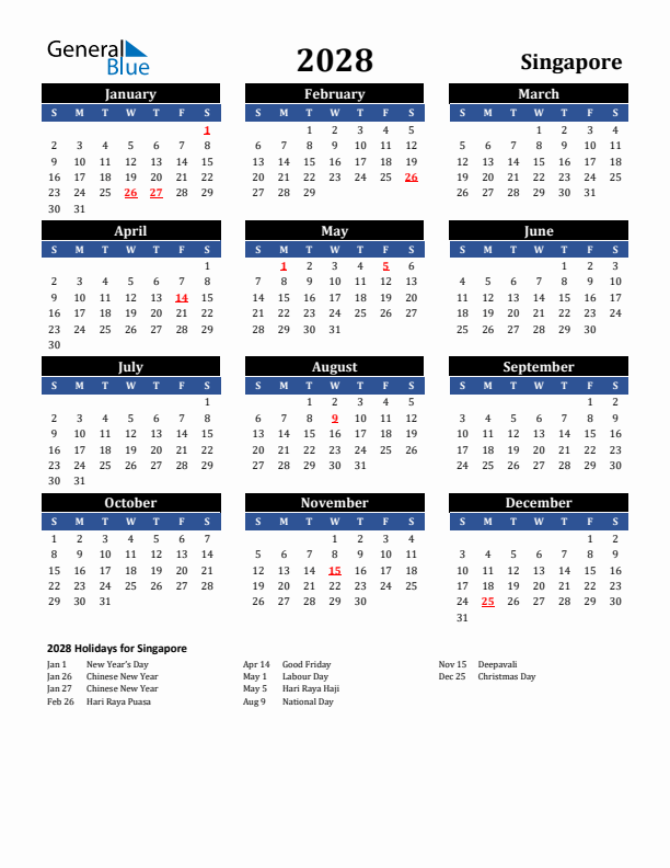 2028 Singapore Holiday Calendar