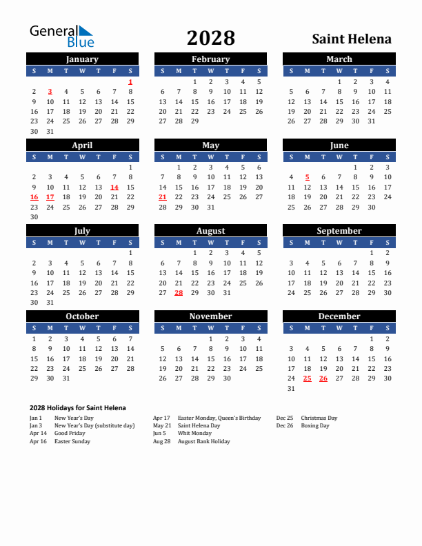 2028 Saint Helena Holiday Calendar
