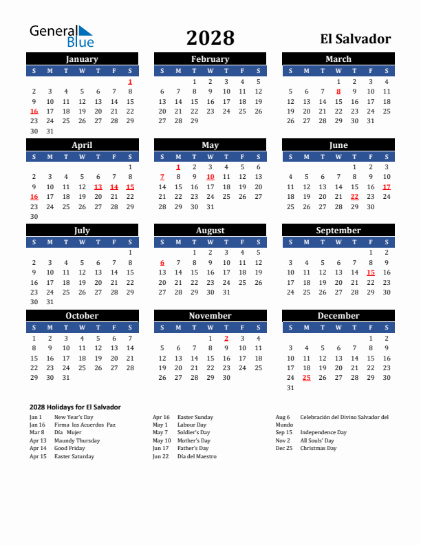 2028 El Salvador Holiday Calendar