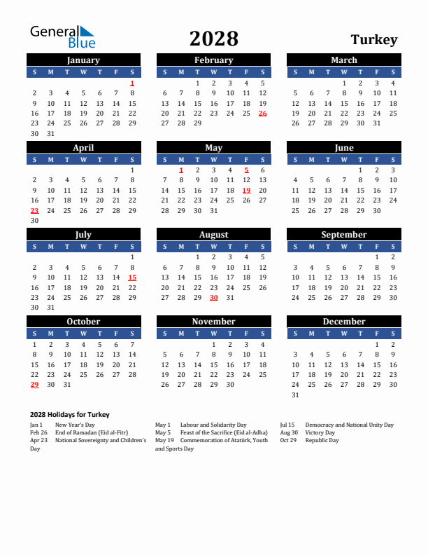 2028 Turkey Holiday Calendar