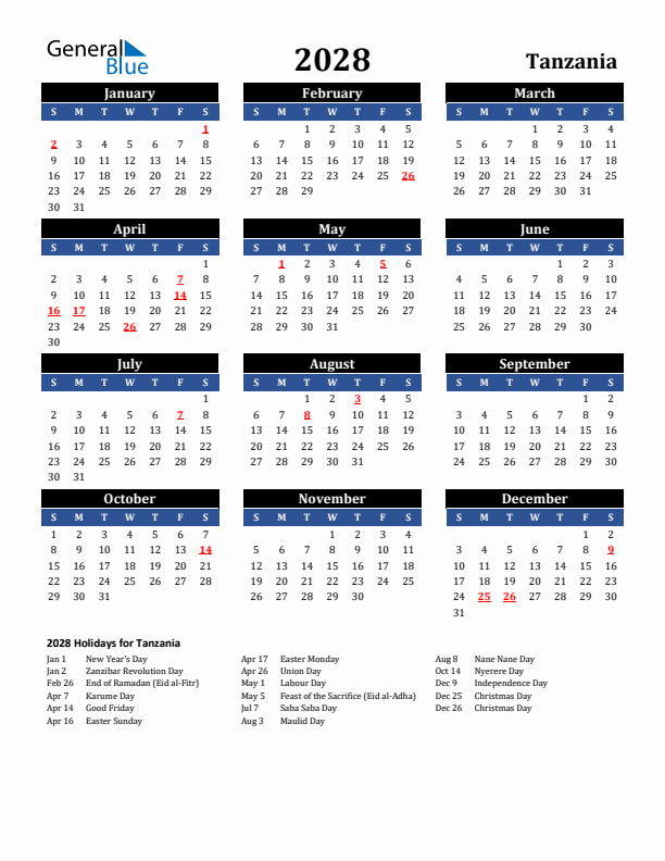 2028 Tanzania Holiday Calendar