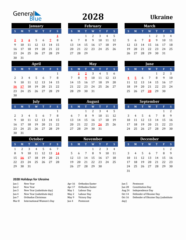 2028 Ukraine Holiday Calendar