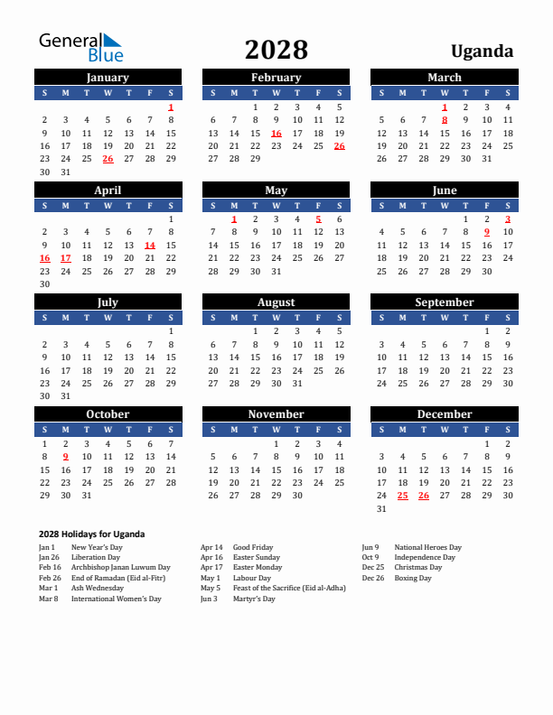 2028 Uganda Holiday Calendar