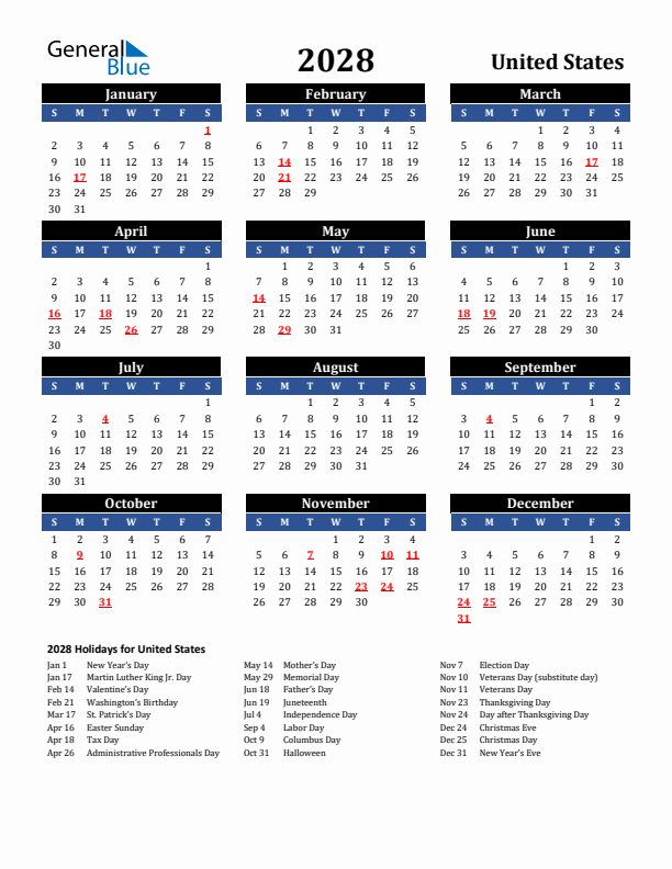 2028 United States Holiday Calendar
