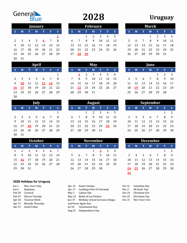 2028 Uruguay Holiday Calendar