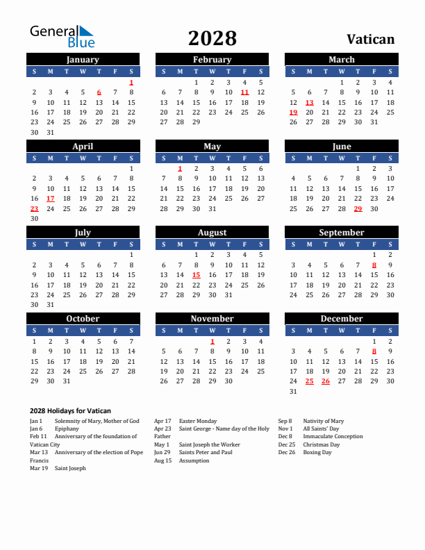 2028 Vatican Holiday Calendar