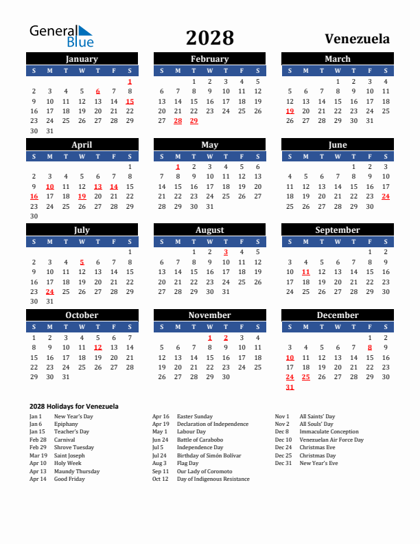 2028 Venezuela Holiday Calendar