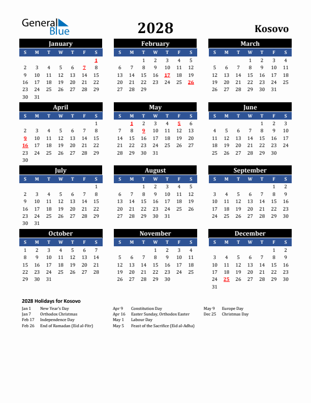 2028 Kosovo Holiday Calendar