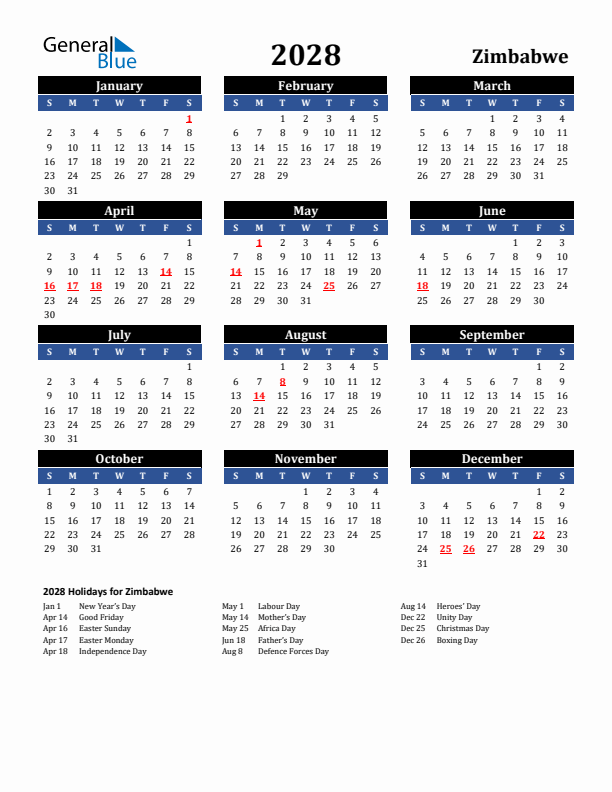 2028 Zimbabwe Holiday Calendar