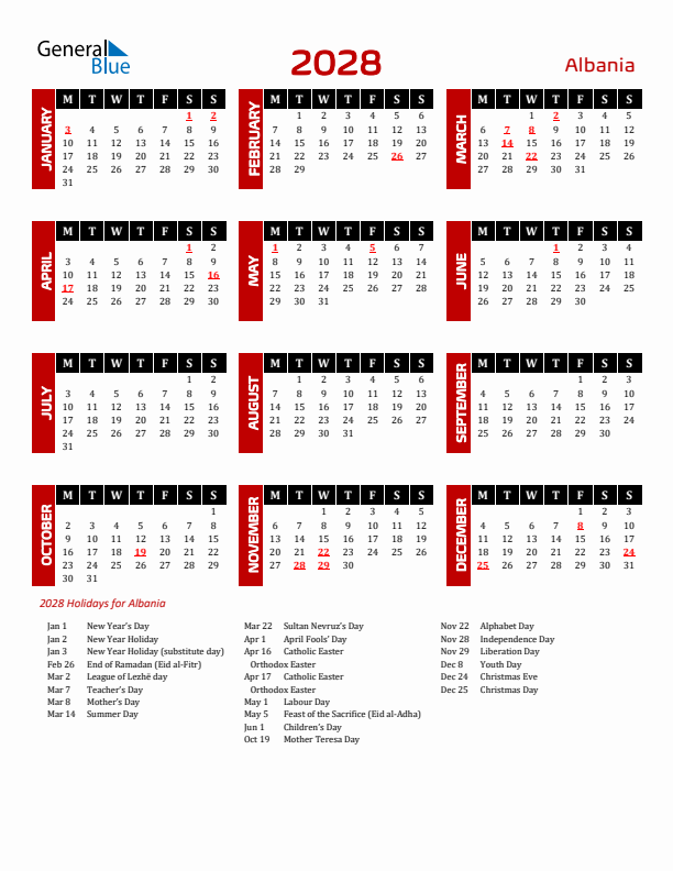 Download Albania 2028 Calendar - Monday Start