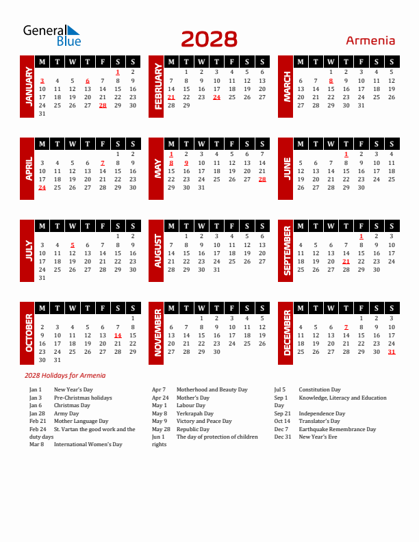 Download Armenia 2028 Calendar - Monday Start