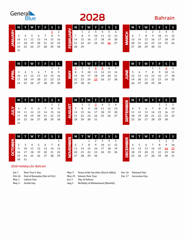 Download Bahrain 2028 Calendar - Monday Start