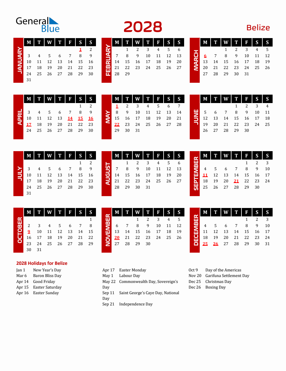 Belize 2028 Yearly Calendar Downloadable