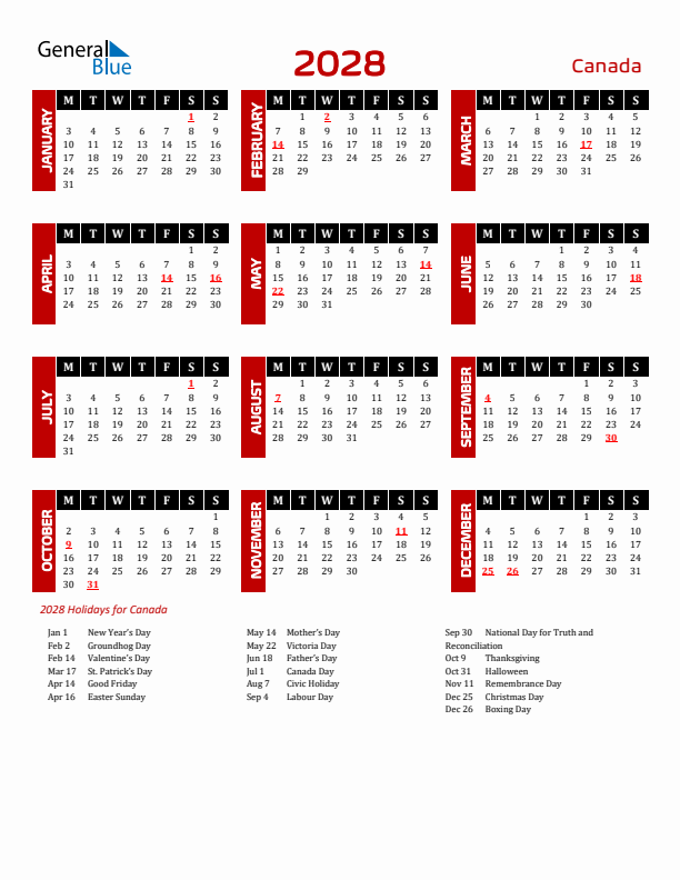 Download Canada 2028 Calendar - Monday Start