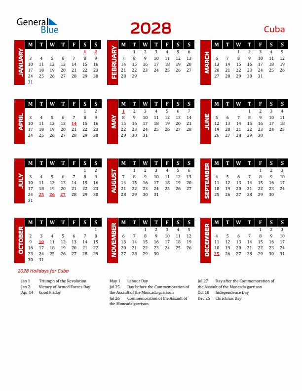 Download Cuba 2028 Calendar - Monday Start