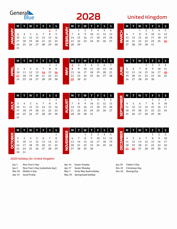 Download United Kingdom 2028 Calendar - Monday Start