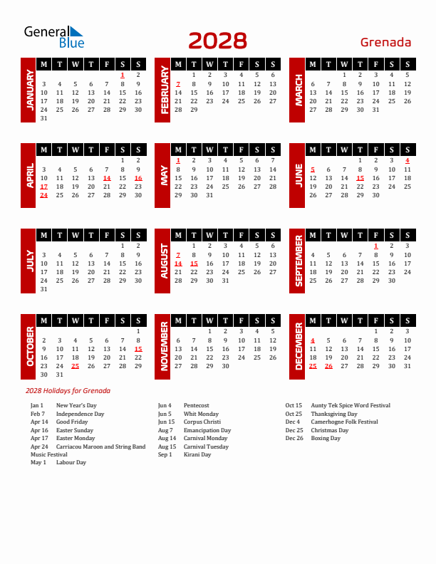 Download Grenada 2028 Calendar - Monday Start