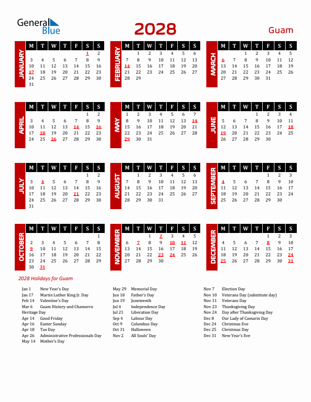 Download Guam 2028 Calendar - Monday Start