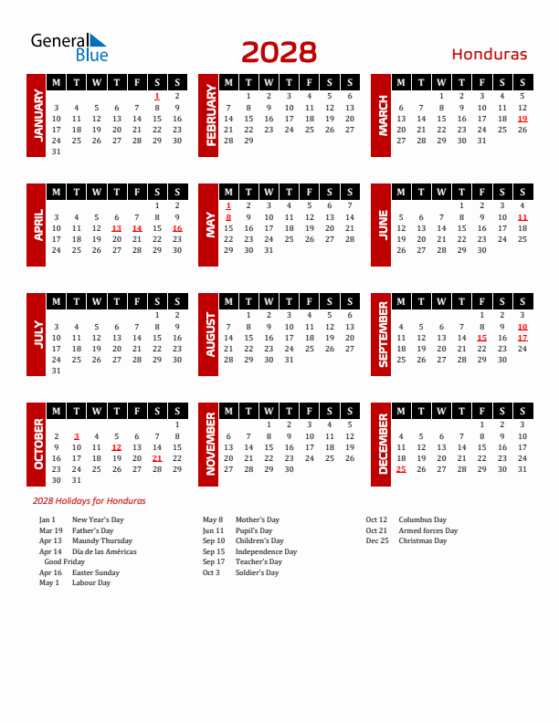 Download Honduras 2028 Calendar - Monday Start
