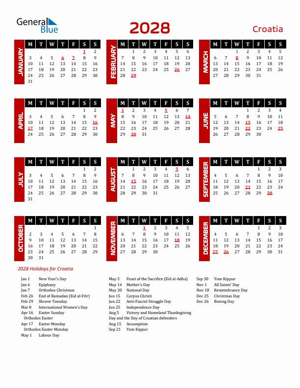Download Croatia 2028 Calendar - Monday Start