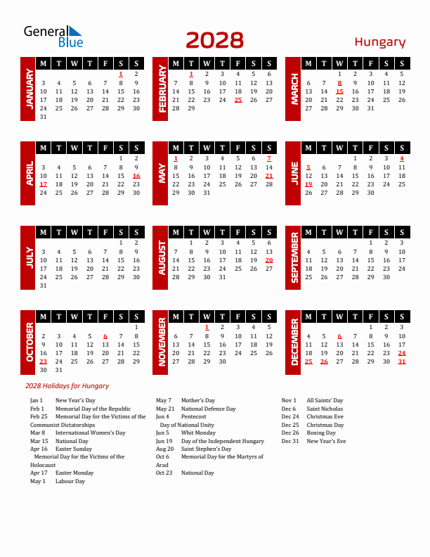 Download Hungary 2028 Calendar - Monday Start