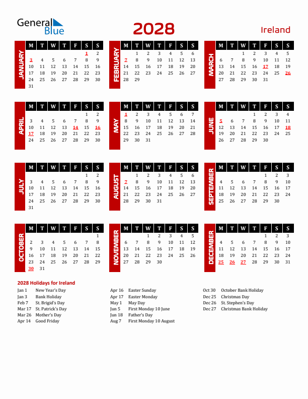 Download Ireland 2028 Calendar - Monday Start