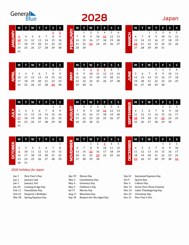 Download Japan 2028 Calendar - Monday Start