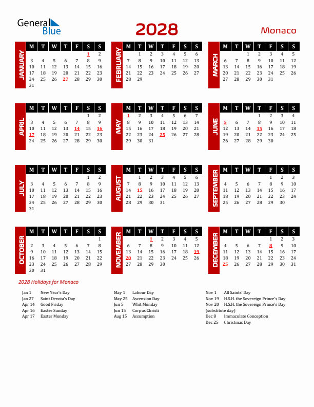 Download Monaco 2028 Calendar - Monday Start