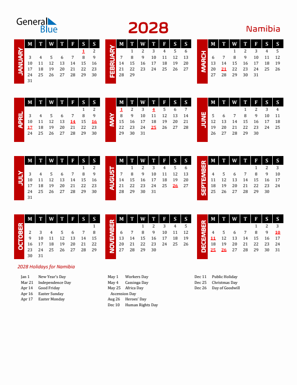 Download Namibia 2028 Calendar - Monday Start