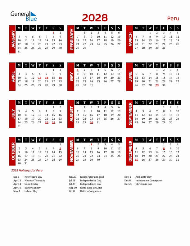 Download Peru 2028 Calendar - Monday Start