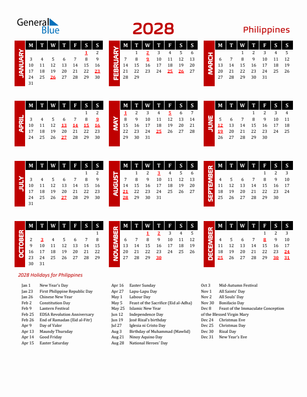 Download Philippines 2028 Calendar - Monday Start