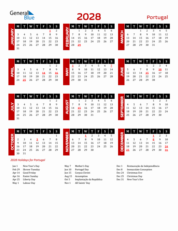 Download Portugal 2028 Calendar - Monday Start