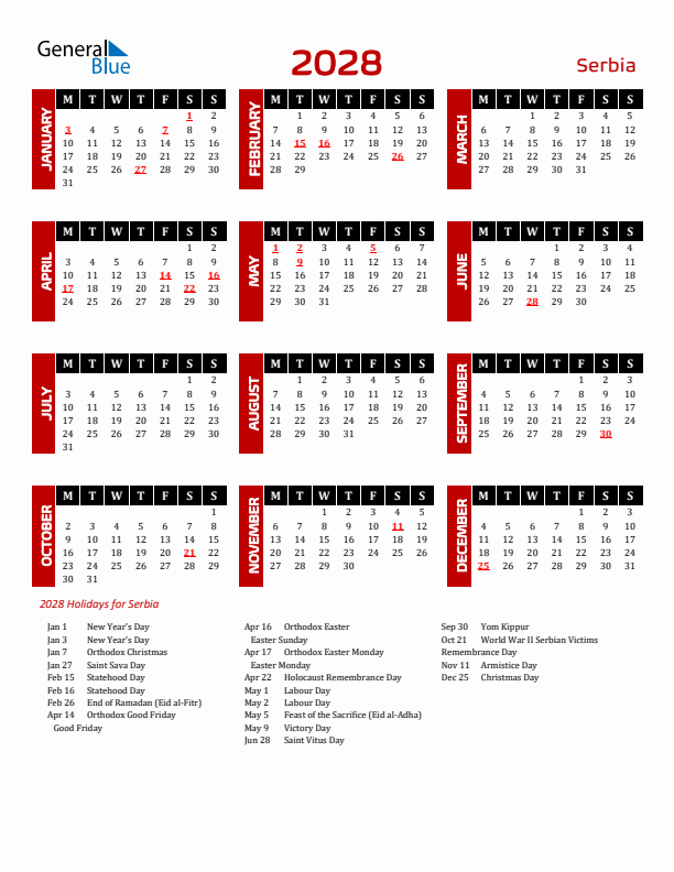 Download Serbia 2028 Calendar - Monday Start