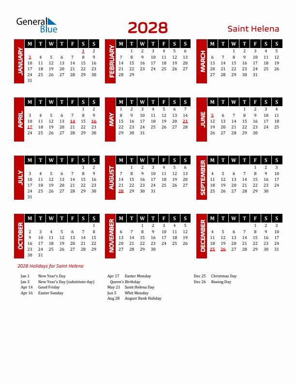 Download Saint Helena 2028 Calendar - Monday Start