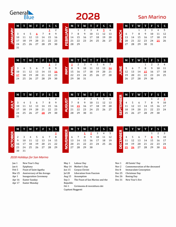 Download San Marino 2028 Calendar - Monday Start