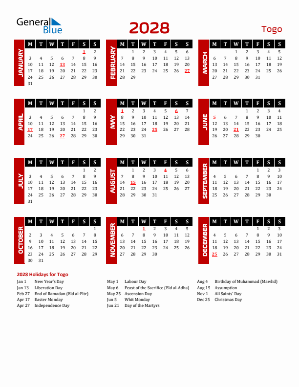 Download Togo 2028 Calendar - Monday Start