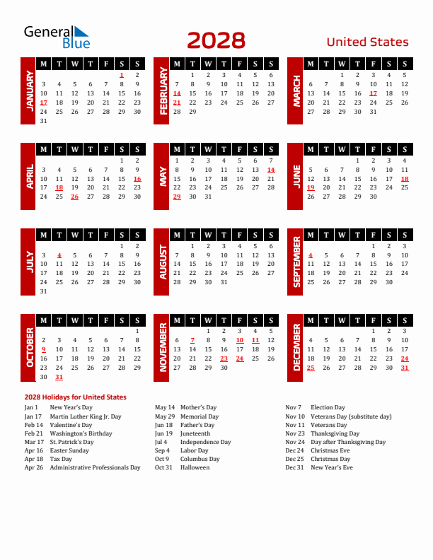 Download United States 2028 Calendar - Monday Start