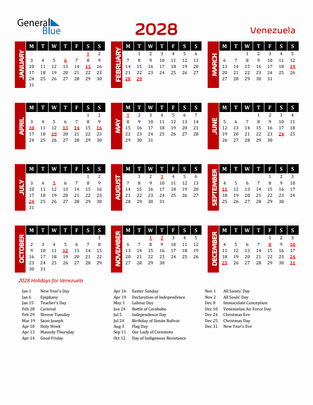 Download Venezuela 2028 Calendar - Monday Start