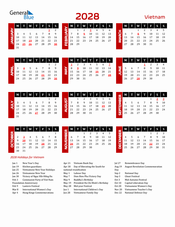 Download Vietnam 2028 Calendar - Monday Start