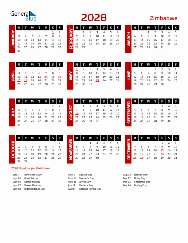 Download Zimbabwe 2028 Calendar - Monday Start