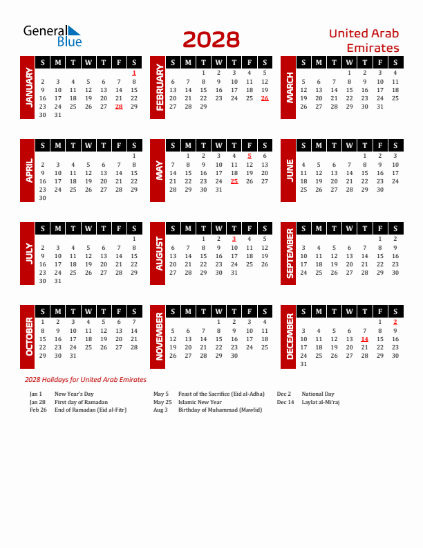 Download United Arab Emirates 2028 Calendar - Sunday Start