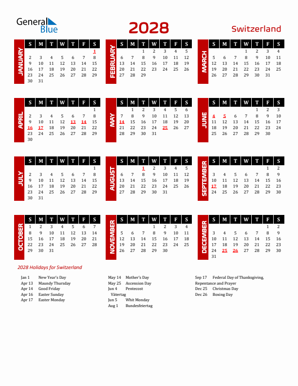 Download Switzerland 2028 Calendar - Sunday Start