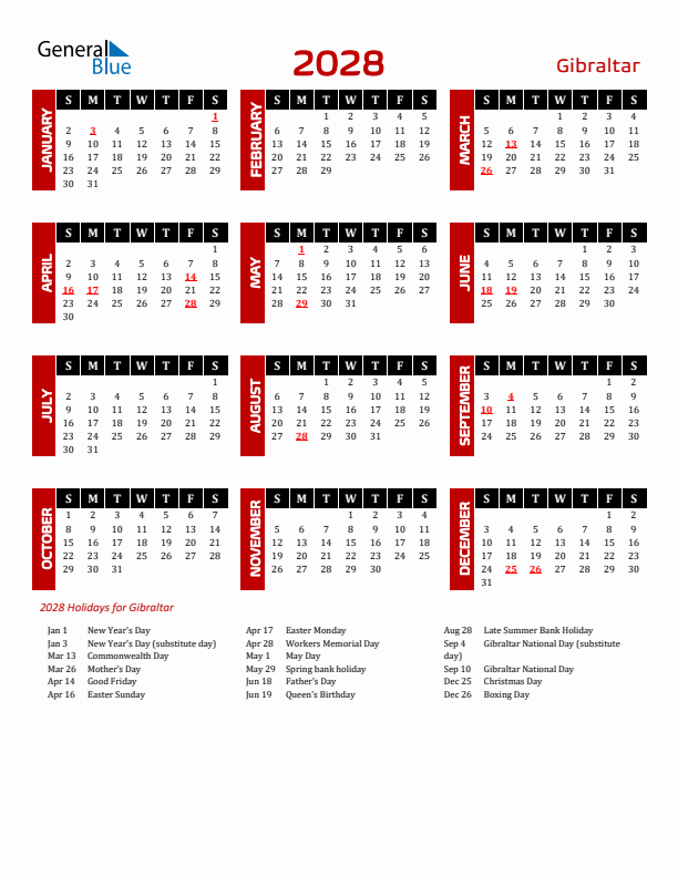 Download Gibraltar 2028 Calendar - Sunday Start