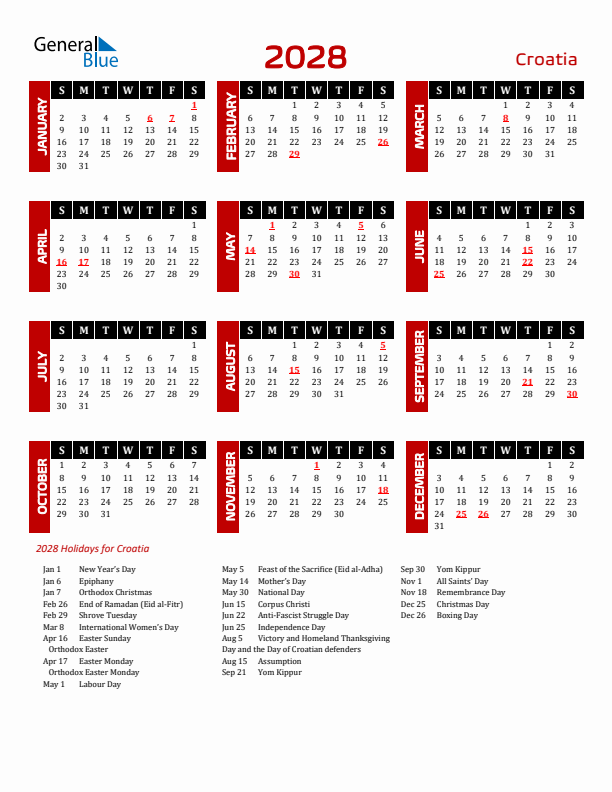 Download Croatia 2028 Calendar - Sunday Start