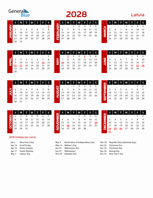 Download Latvia 2028 Calendar - Sunday Start